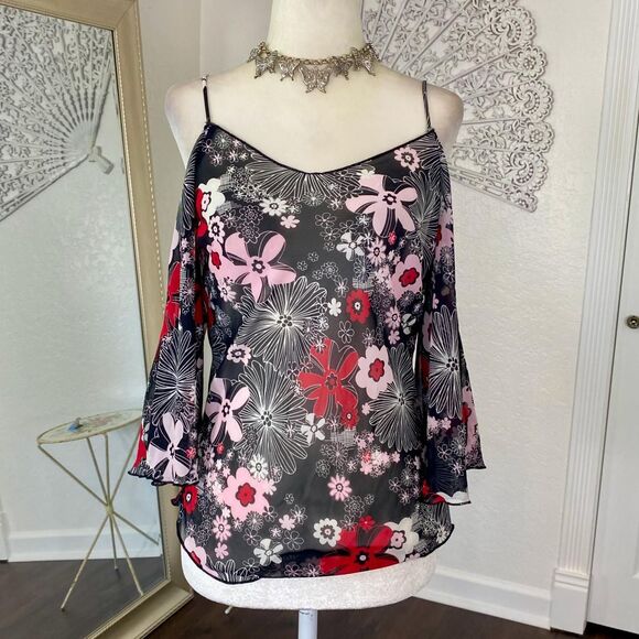 Fairy Whimsygoth Semi Sheer Off The Shoulder Bell Sleeve Floral Flower Top S - Picture 4 of 8